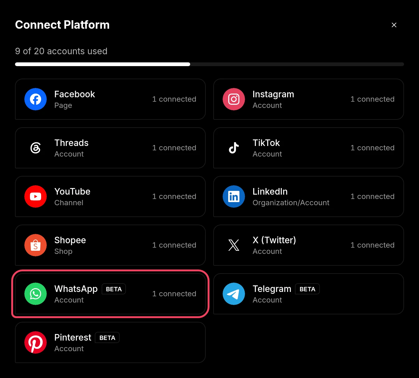 The Connect Platform window with WhatsApp highlighted