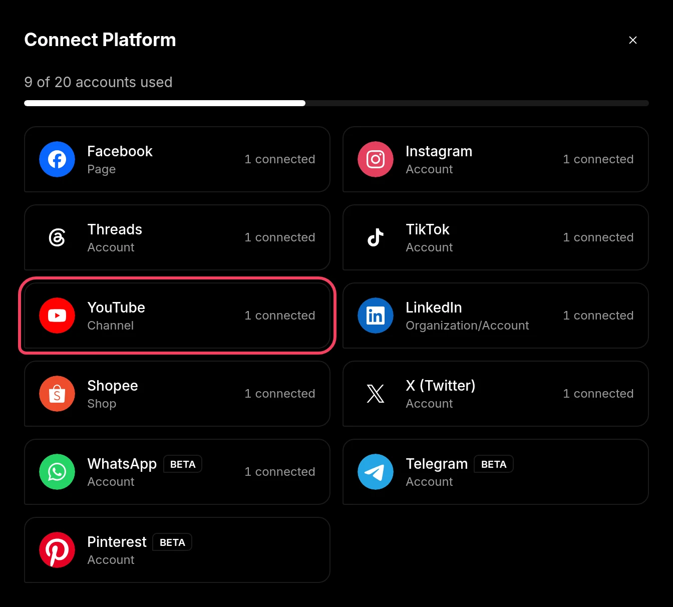 The Connect Platform window with YouTube highlighted