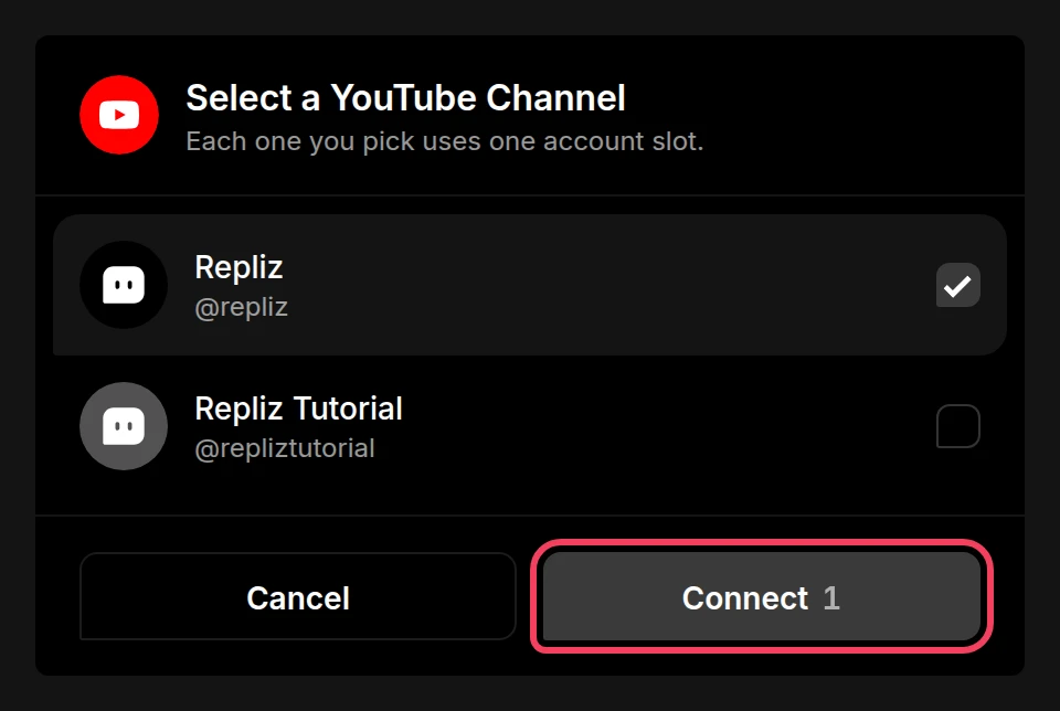 The Select a YouTube Channel list with a channel ticked and the Connect button highlighted