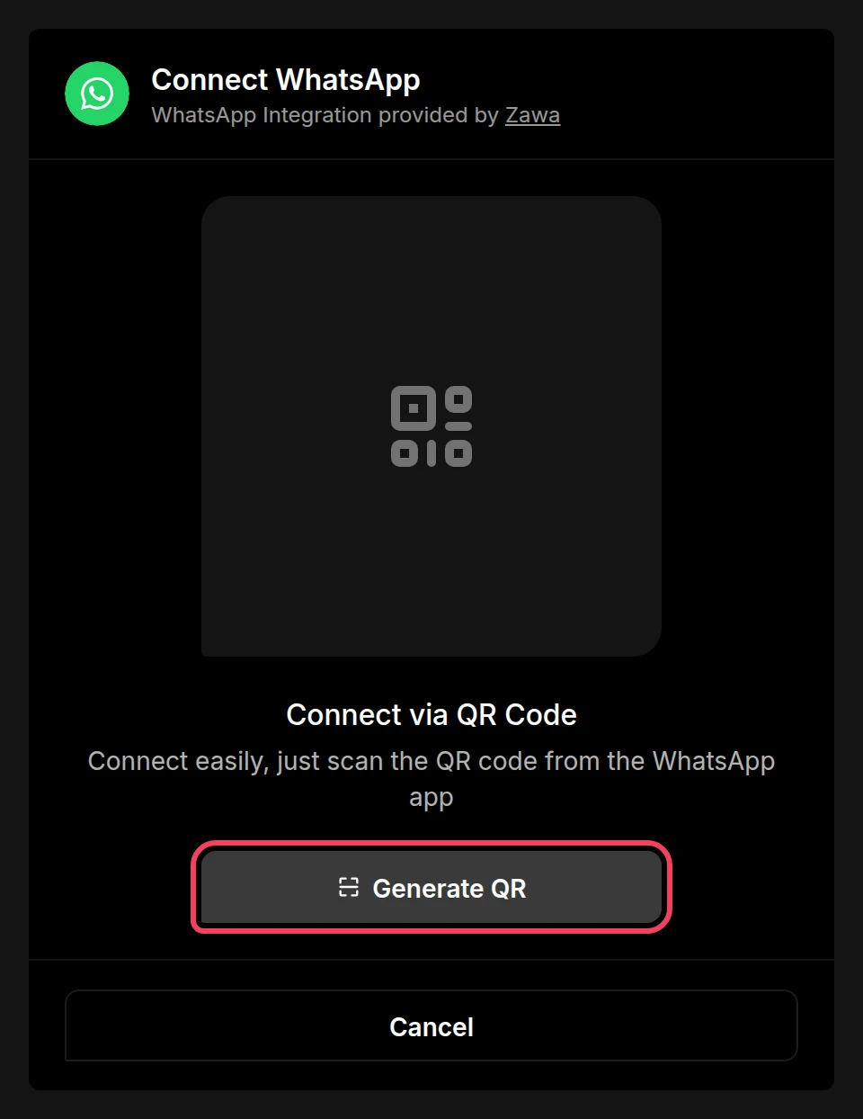 The Connect WhatsApp page with the Generate QR button highlighted