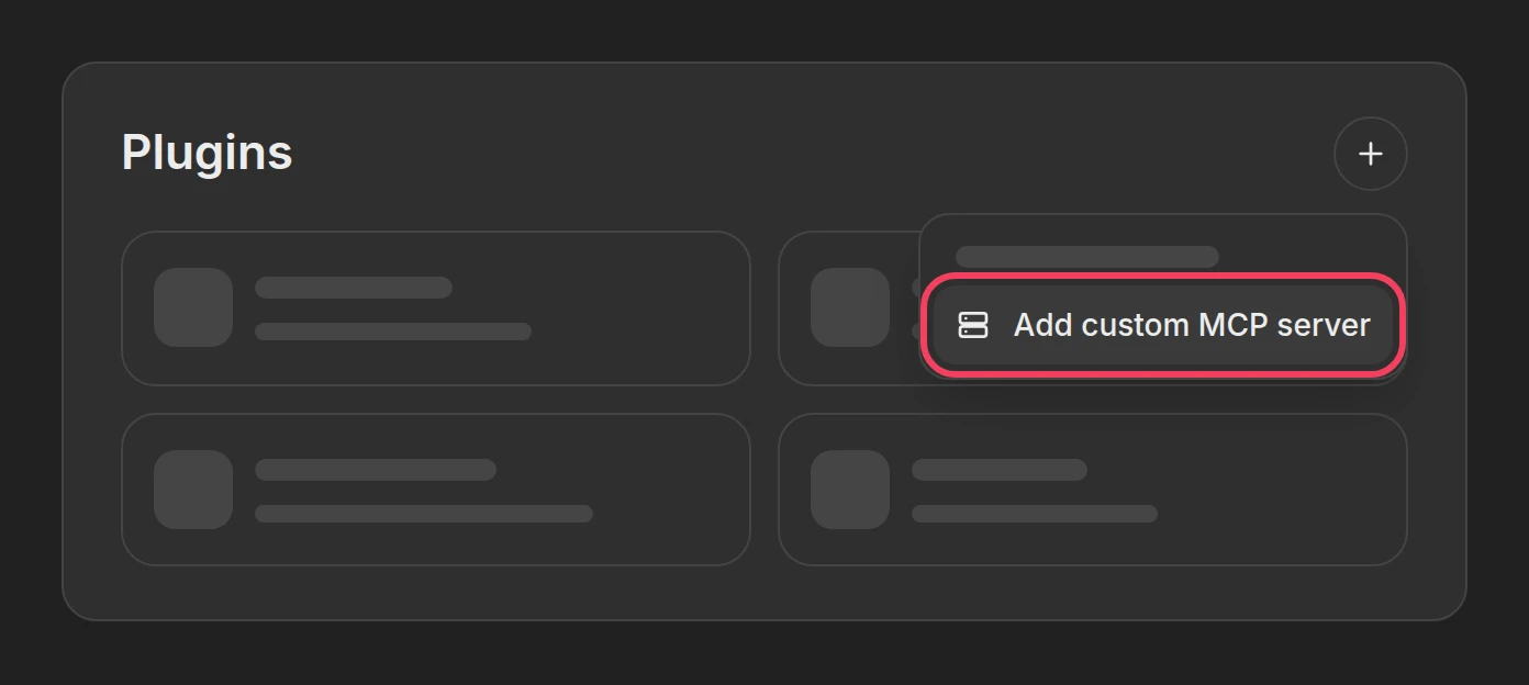 Illustration: the Plugins page with the + menu open and Add custom MCP server highlighted