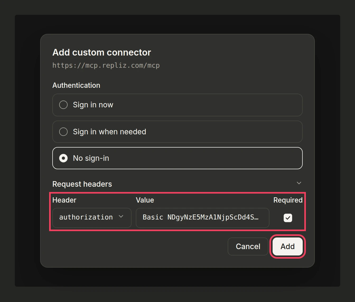 Illustration: the request headers with authorization set to a Basic value and Required ticked, and the Add button highlighted