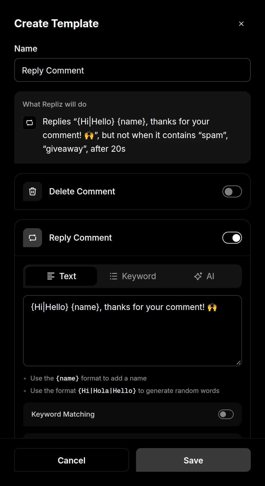 The Create Template window with a name and Reply Comment turned on
