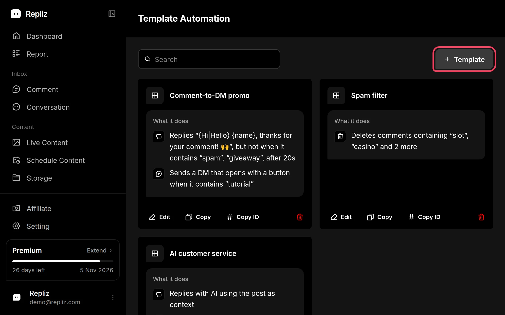 The Automation Template page with the Template button highlighted