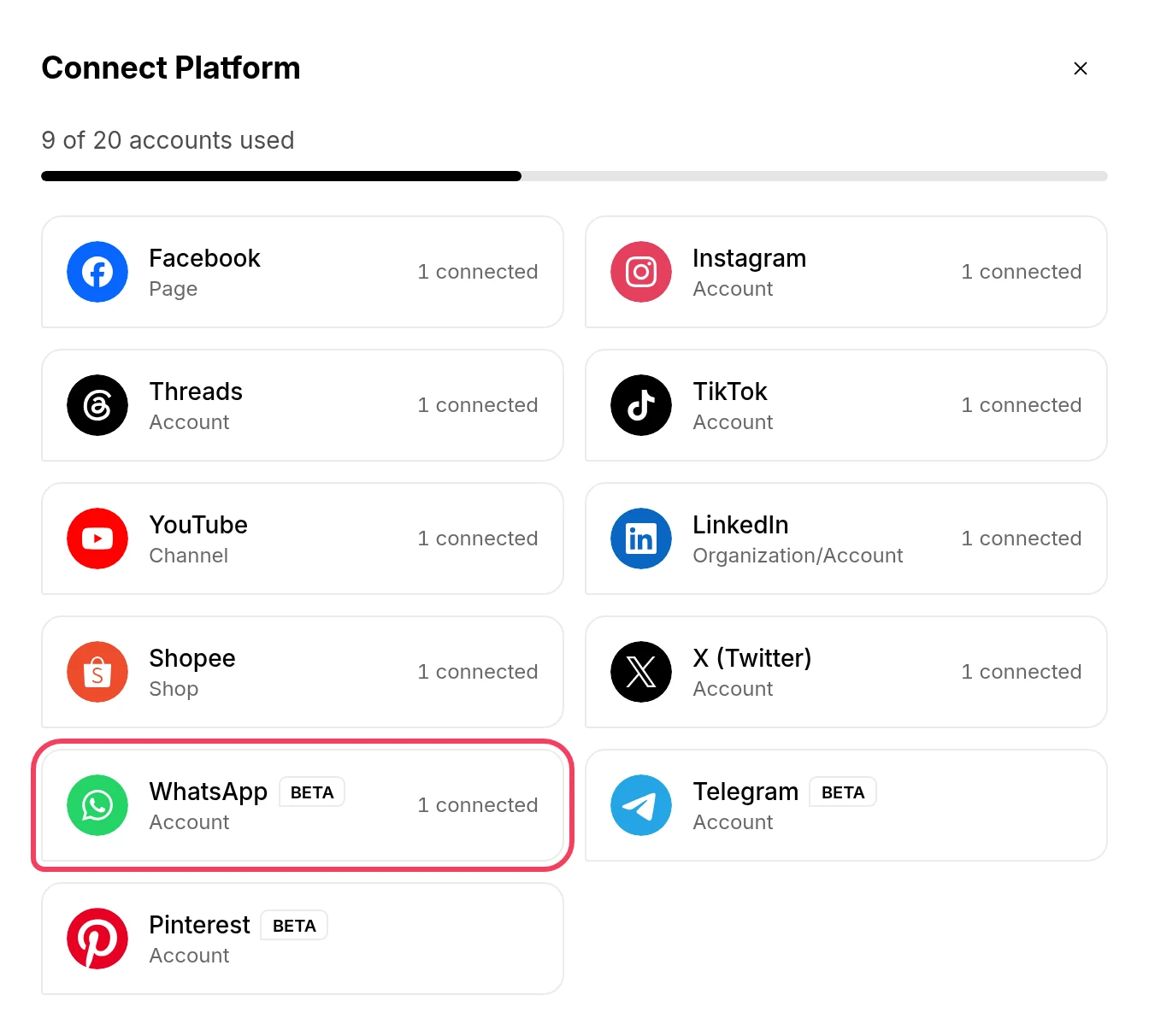 The Connect Platform window with WhatsApp highlighted