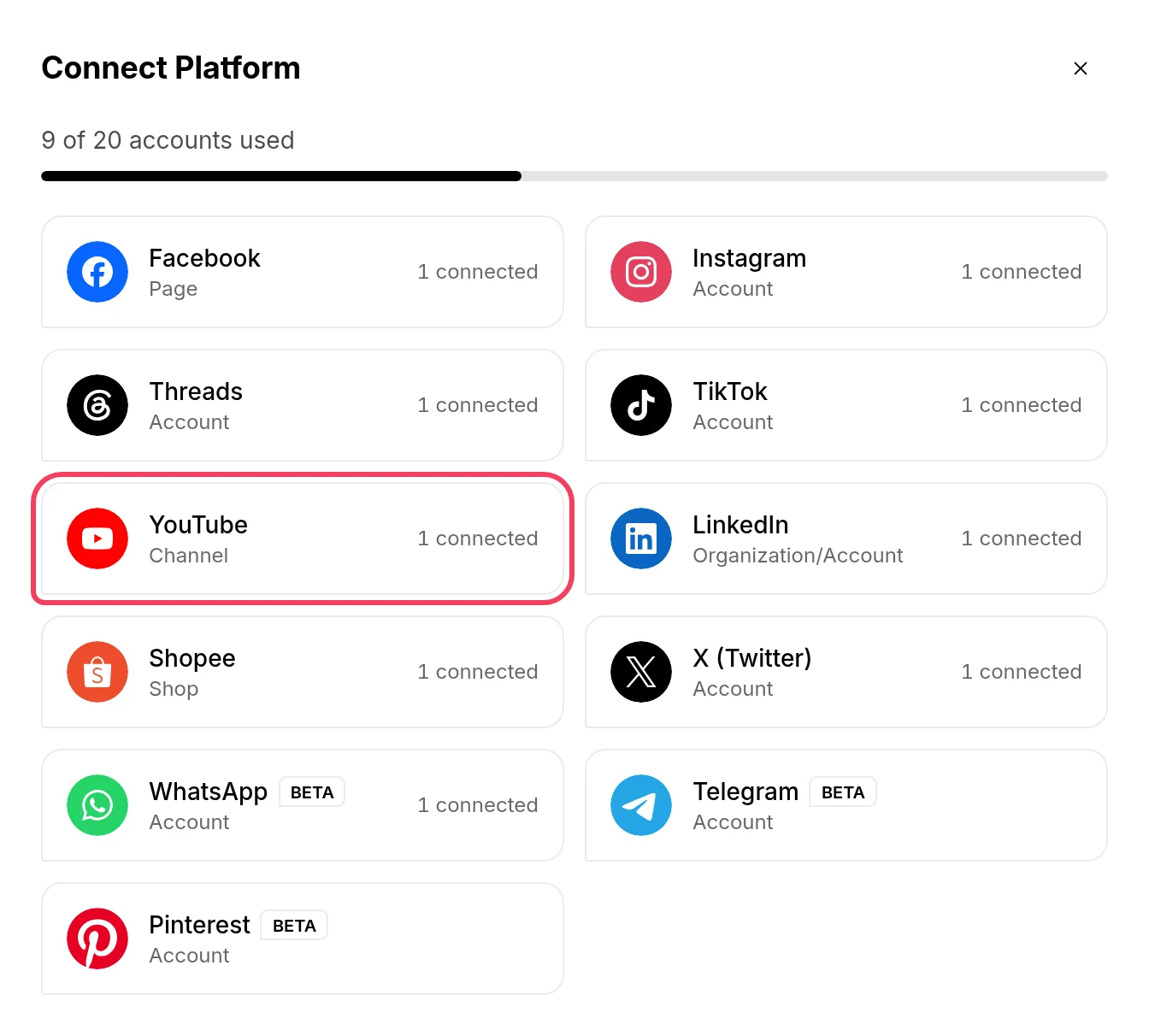 The Connect Platform window with YouTube highlighted