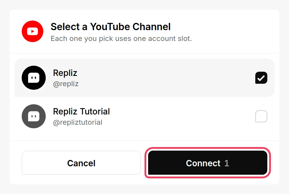 The Select a YouTube Channel list with a channel ticked and the Connect button highlighted