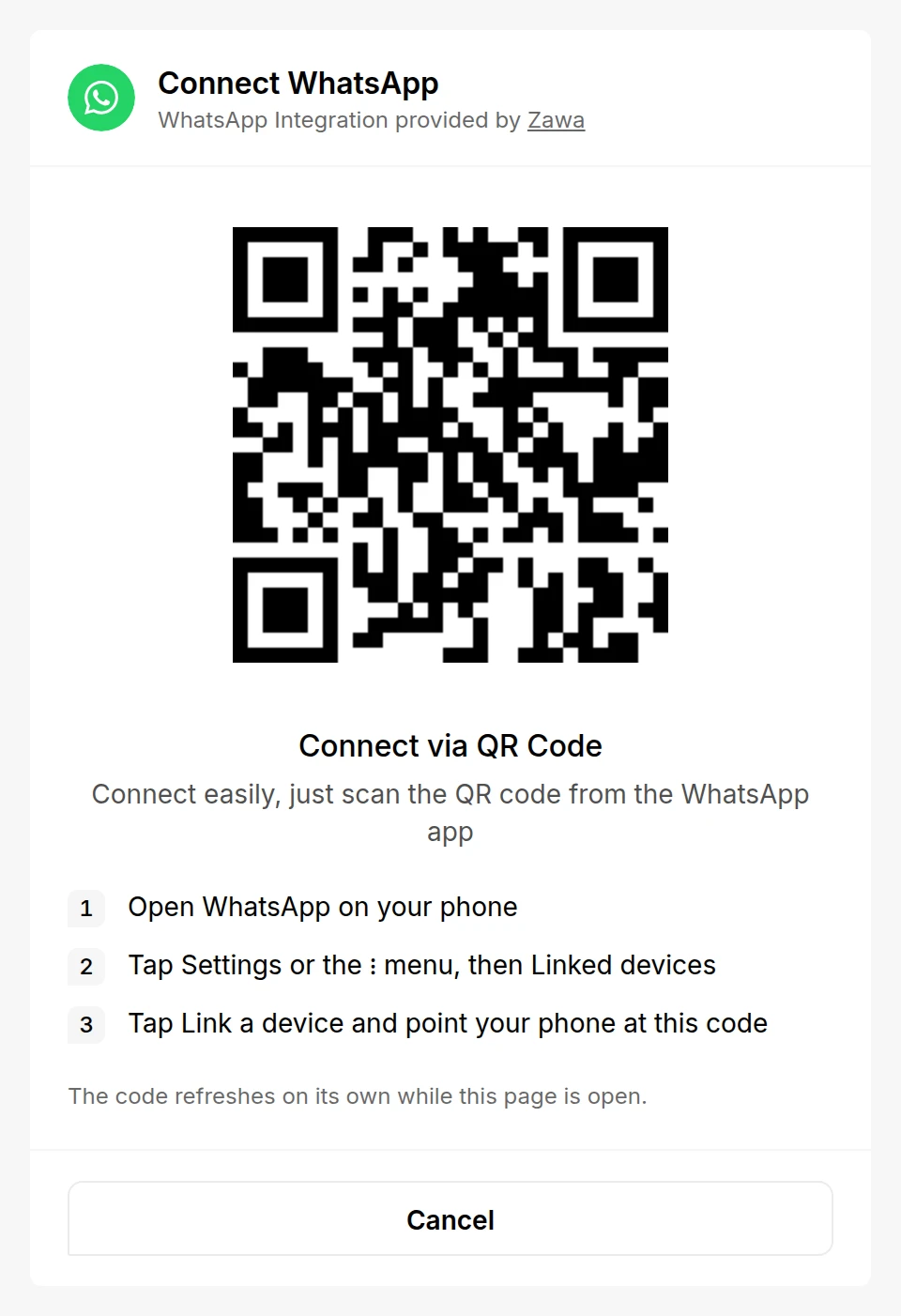 The Connect WhatsApp page showing a QR code and the steps to scan it
