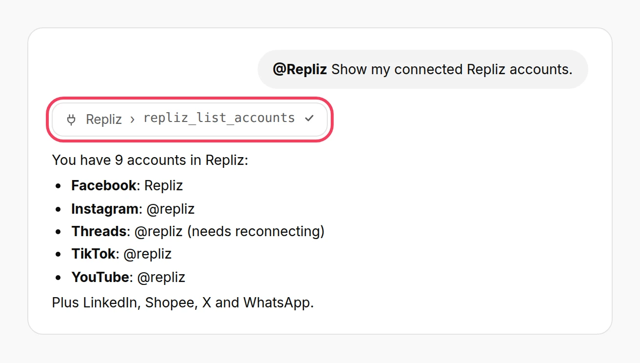 Illustration: ChatGPT answering with the list of Repliz accounts after running repliz_list_accounts
