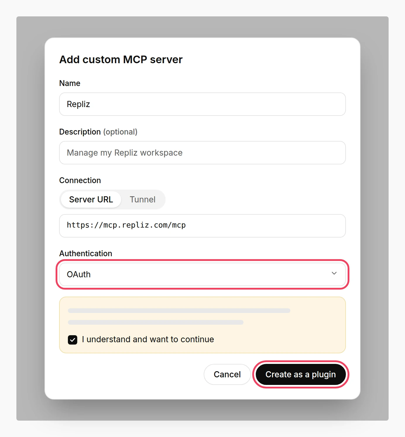Illustration: the Add custom MCP server form filled in for Repliz, with OAuth and Create as a plugin highlighted