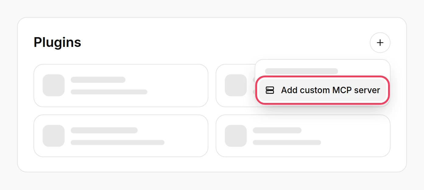 Illustration: the Plugins page with the + menu open and Add custom MCP server highlighted