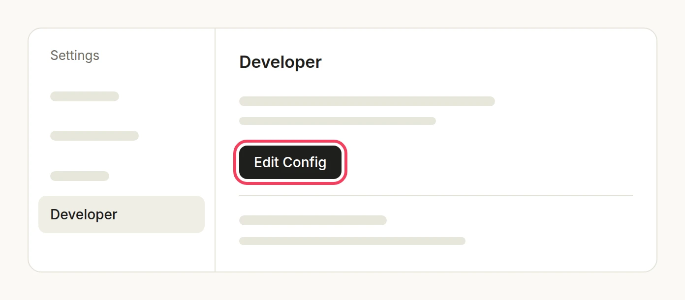 Illustration: the Developer tab of the desktop app's Settings with the Edit Config button highlighted
