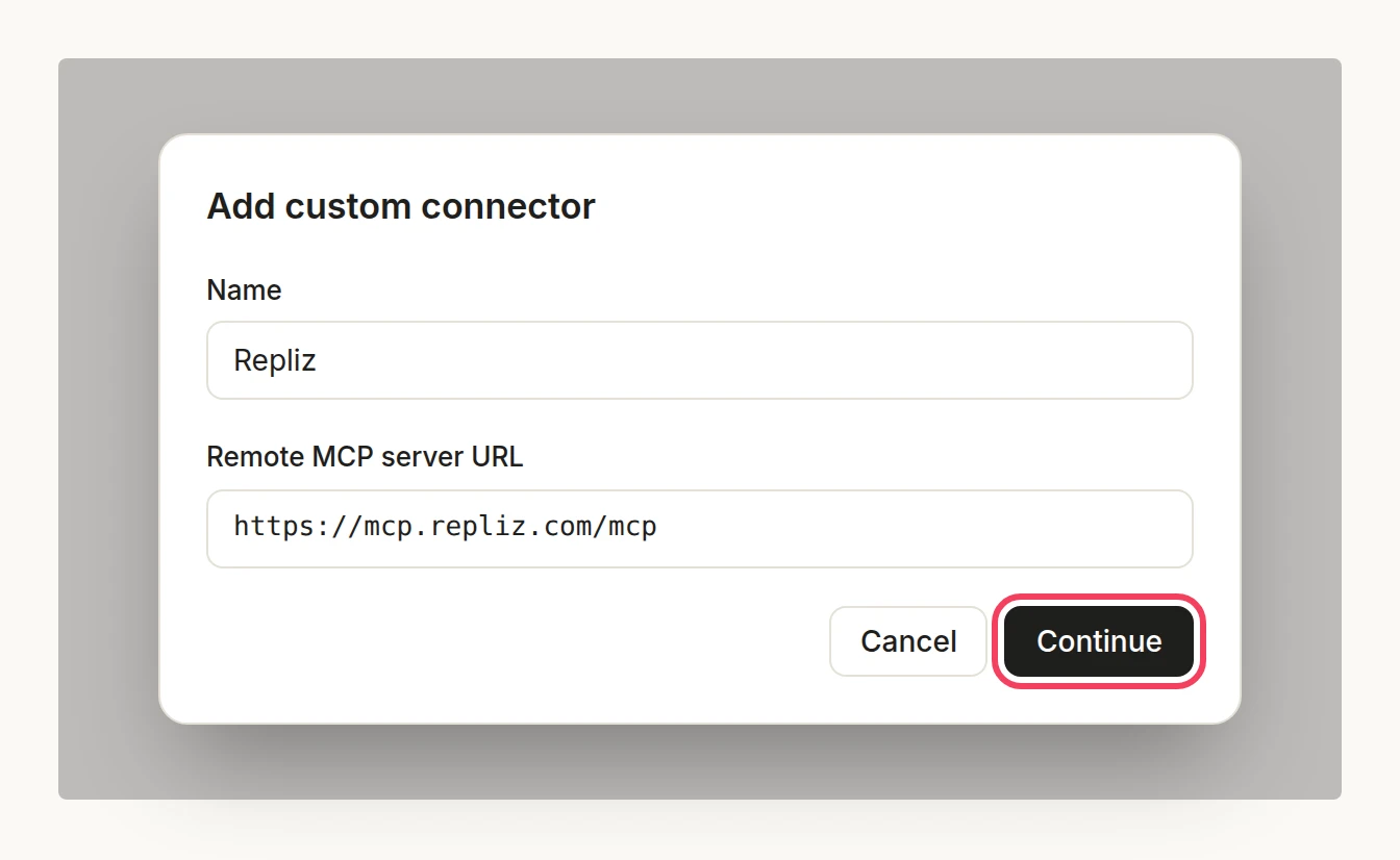 Illustration: the Add custom connector dialog with the name and the URL filled in and Continue highlighted