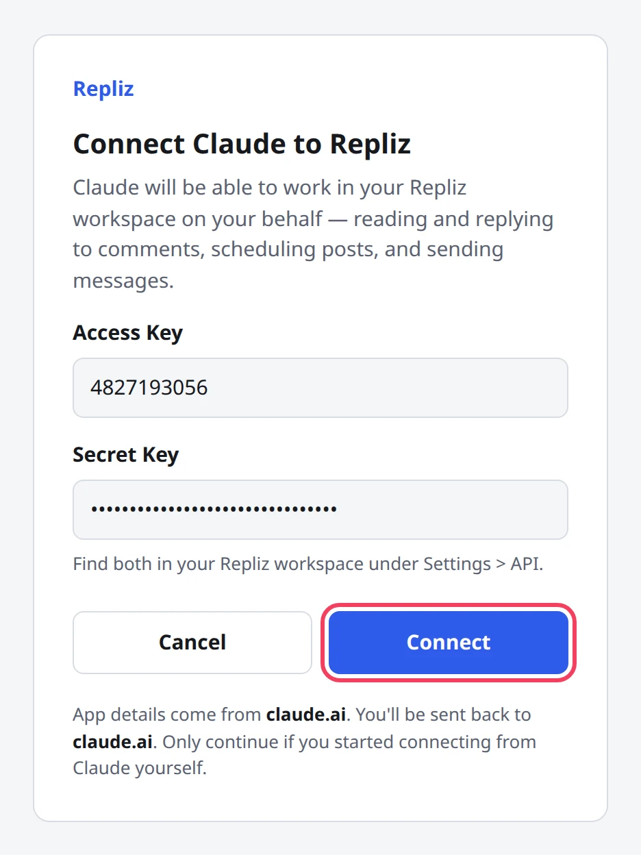 The Repliz sign-in page for Claude with both keys filled in and Connect highlighted