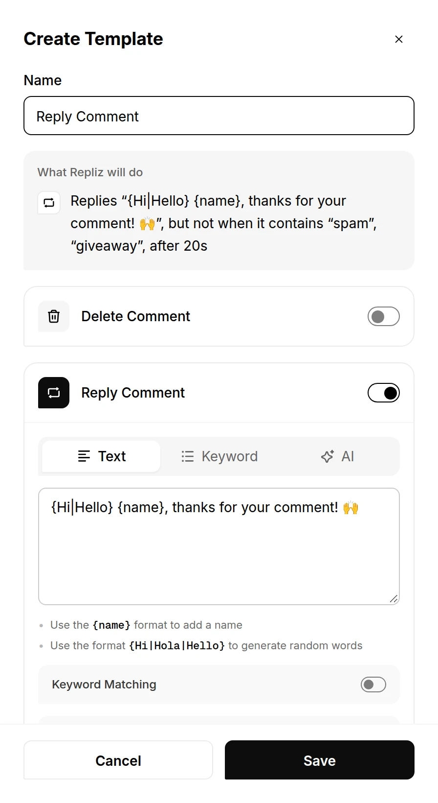 The Create Template window with a name and Reply Comment turned on