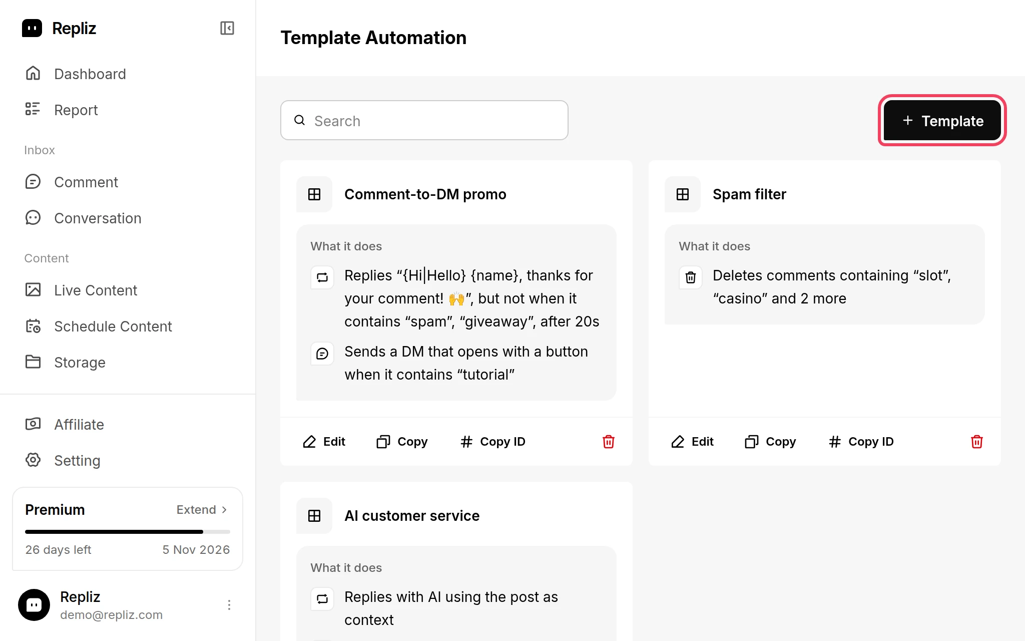 The Automation Template page with the Template button highlighted