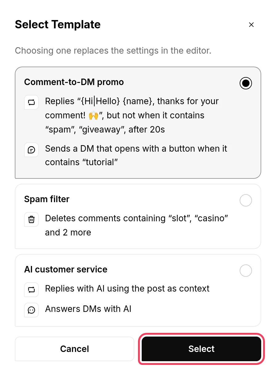 The Select Template window with a template picked and the Select button highlighted