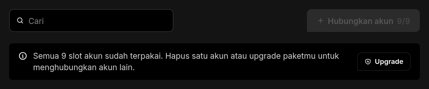 Tombol Hubungkan akun berwarna abu-abu, dengan keterangan bahwa semua slot akun sudah terpakai