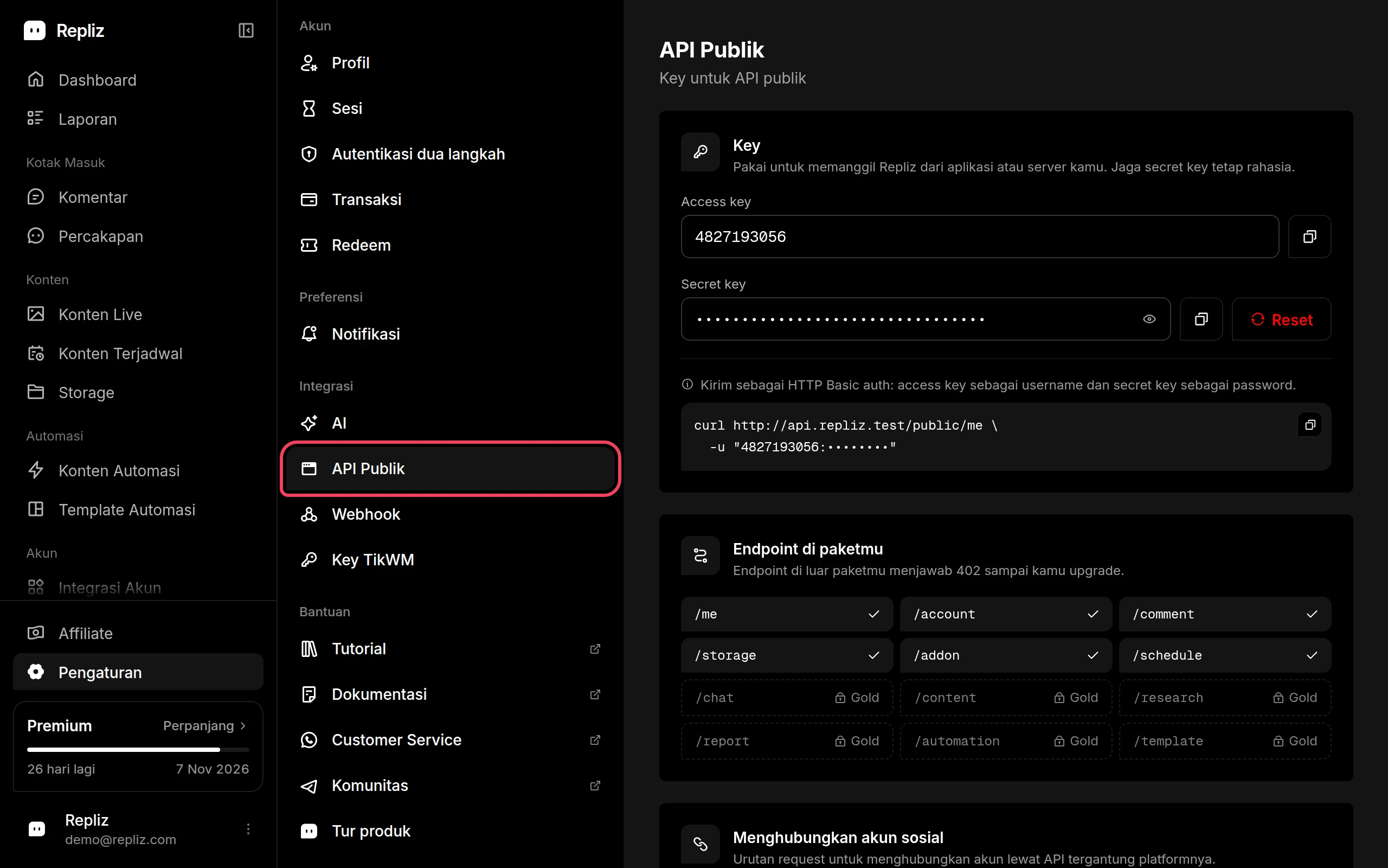 Halaman API Publik di Pengaturan, dengan menu API Publik disorot