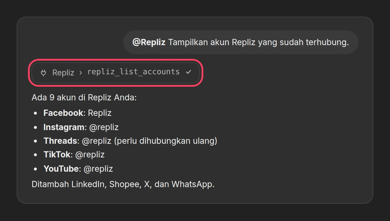 Ilustrasi: ChatGPT menjawab dengan daftar akun Repliz setelah menjalankan repliz_list_accounts