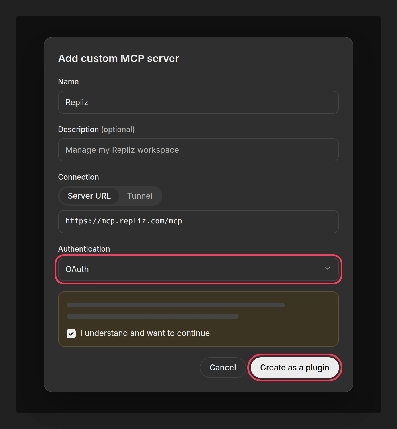 Ilustrasi: formulir Add custom MCP server terisi untuk Repliz, dengan OAuth dan Create as a plugin disorot