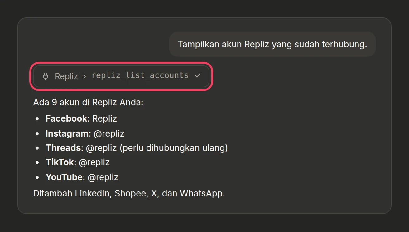 Ilustrasi: Claude menjawab dengan daftar akun Repliz setelah menjalankan repliz_list_accounts
