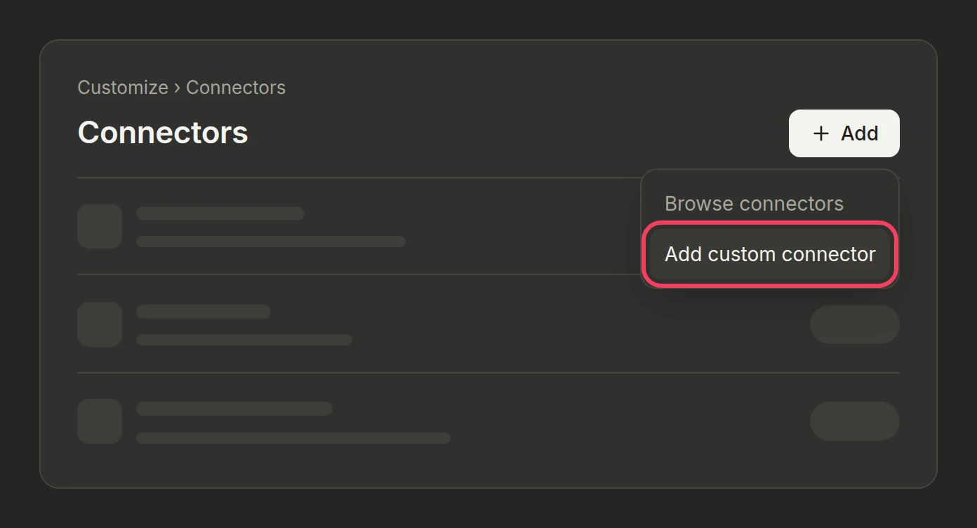 Ilustrasi: halaman Connectors dengan menu Add terbuka dan Add custom connector disorot
