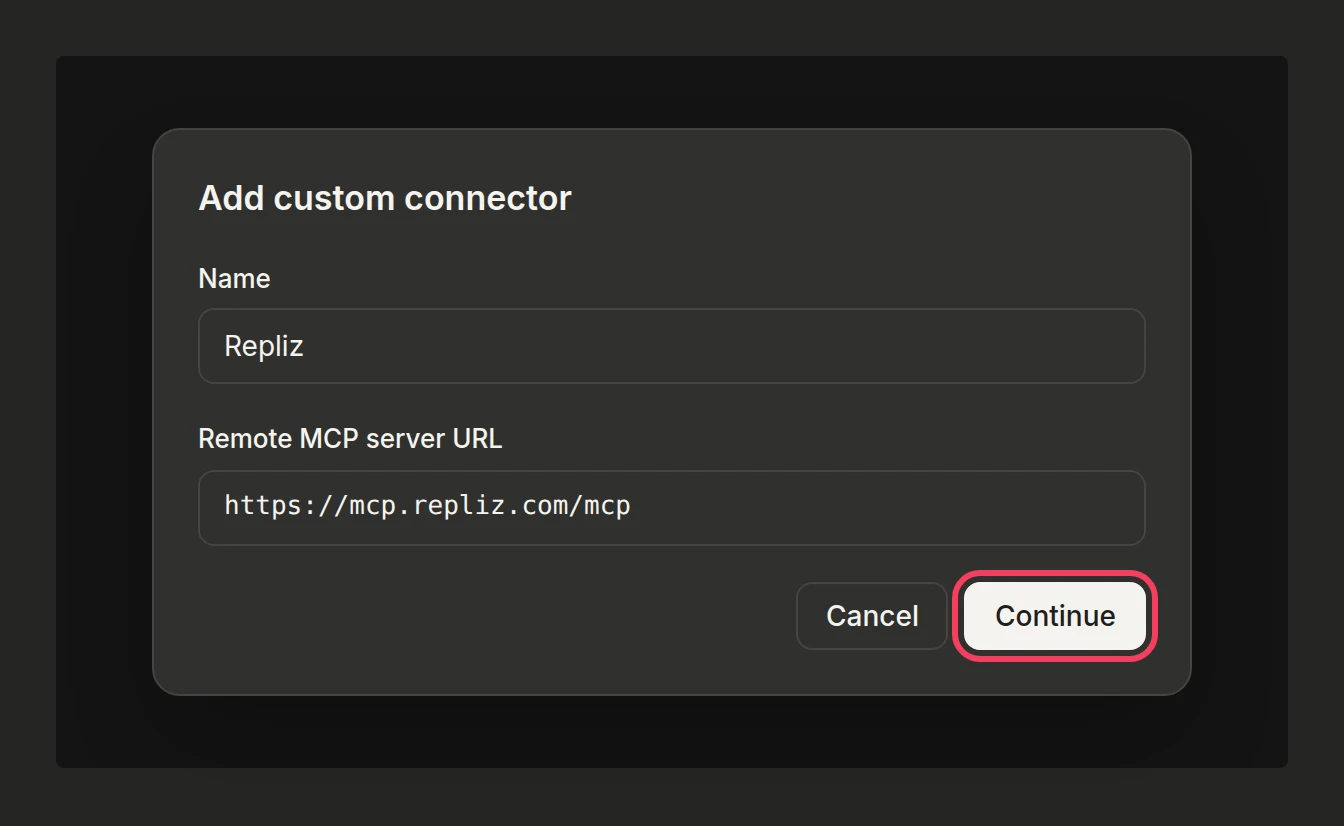 Ilustrasi: dialog Add custom connector dengan nama dan URL terisi serta tombol Continue disorot