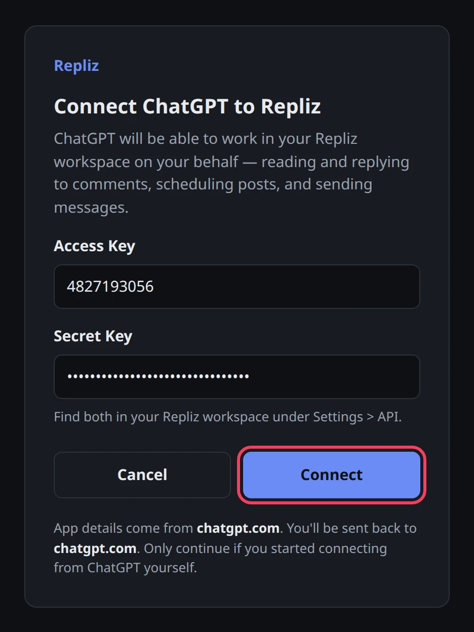 Halaman login Repliz untuk ChatGPT dengan kedua key terisi dan tombol Connect disorot