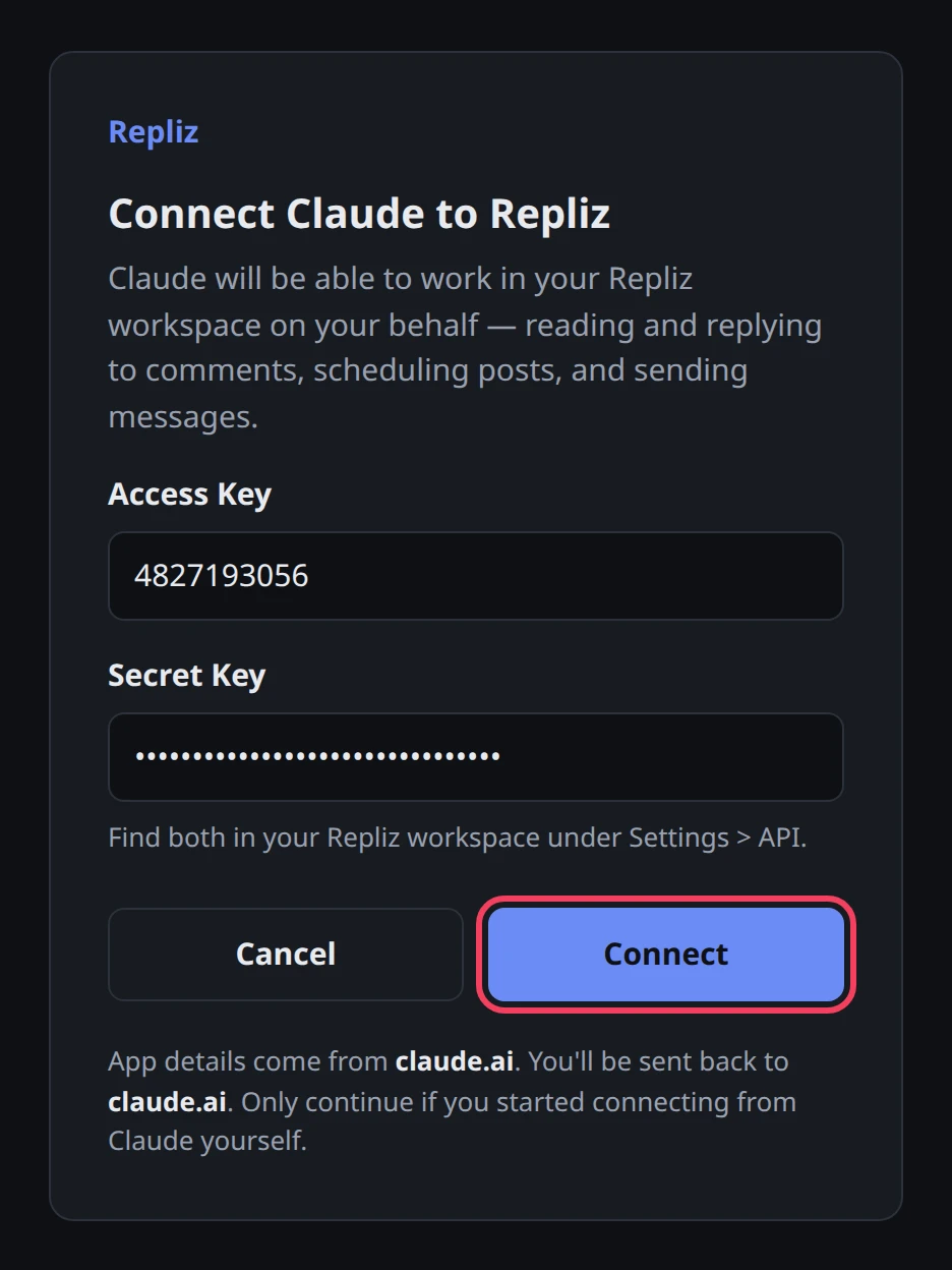 Halaman login Repliz untuk Claude dengan kedua key terisi dan tombol Connect disorot