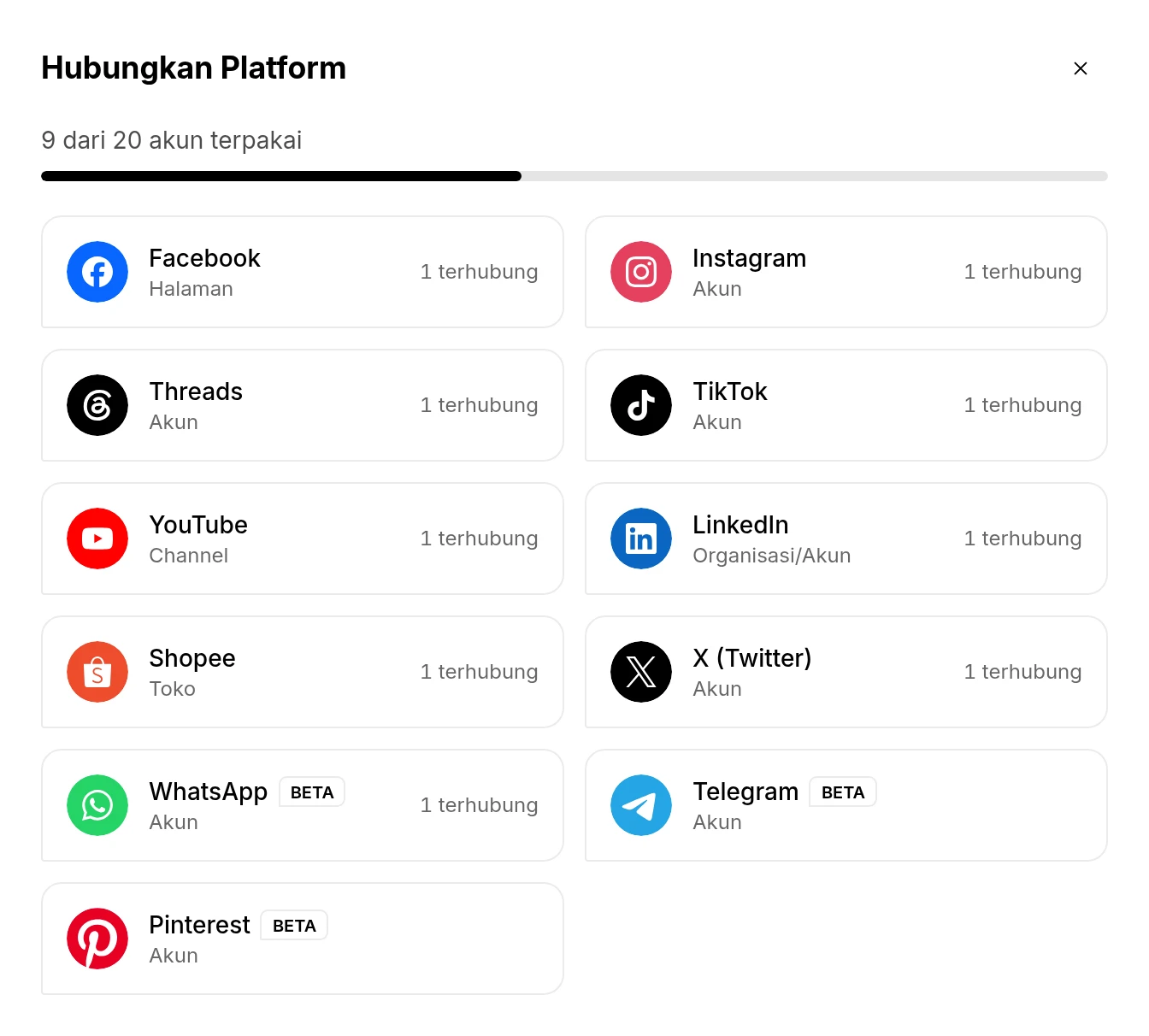 Jendela Hubungkan Platform berisi semua platform