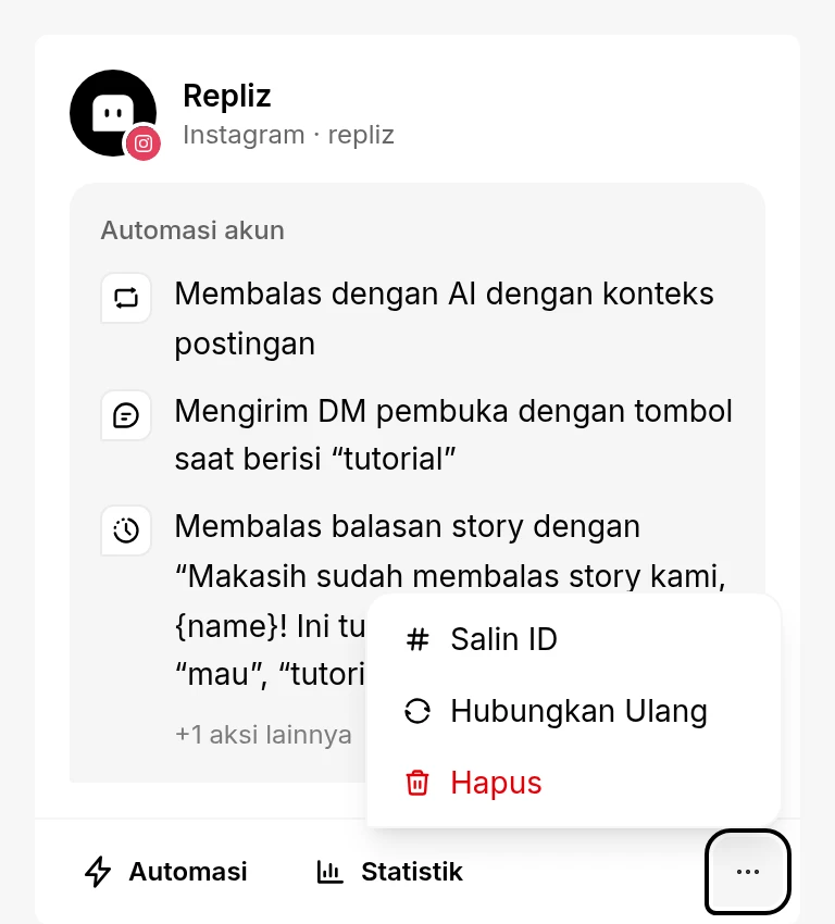 Kartu akun dengan menunya terbuka, berisi Salin ID, Hubungkan Ulang, dan Hapus