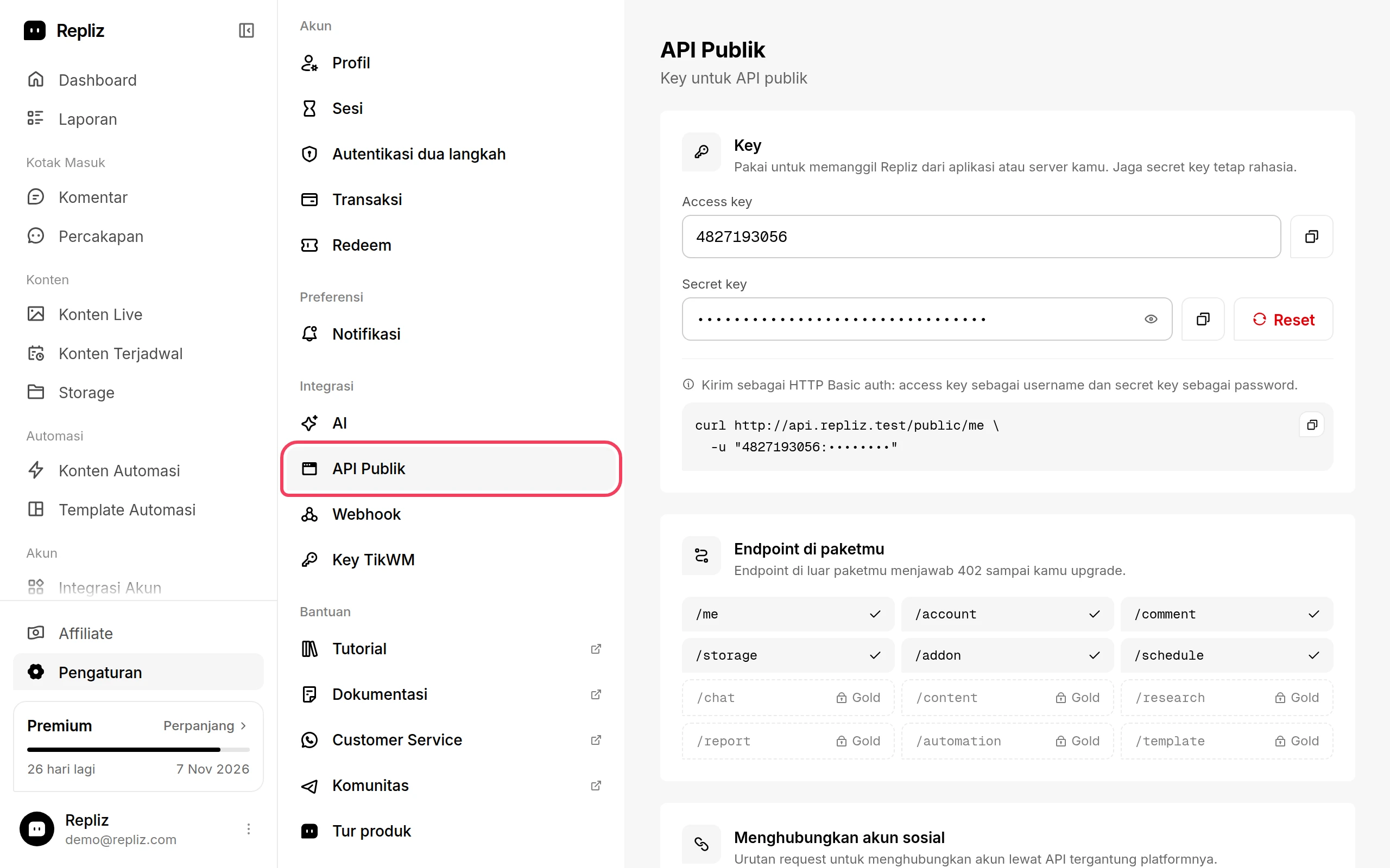 Halaman API Publik di Pengaturan, dengan menu API Publik disorot