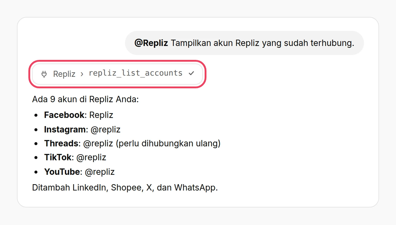 Ilustrasi: ChatGPT menjawab dengan daftar akun Repliz setelah menjalankan repliz_list_accounts