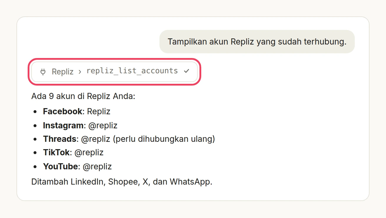 Ilustrasi: Claude menjawab dengan daftar akun Repliz setelah menjalankan repliz_list_accounts