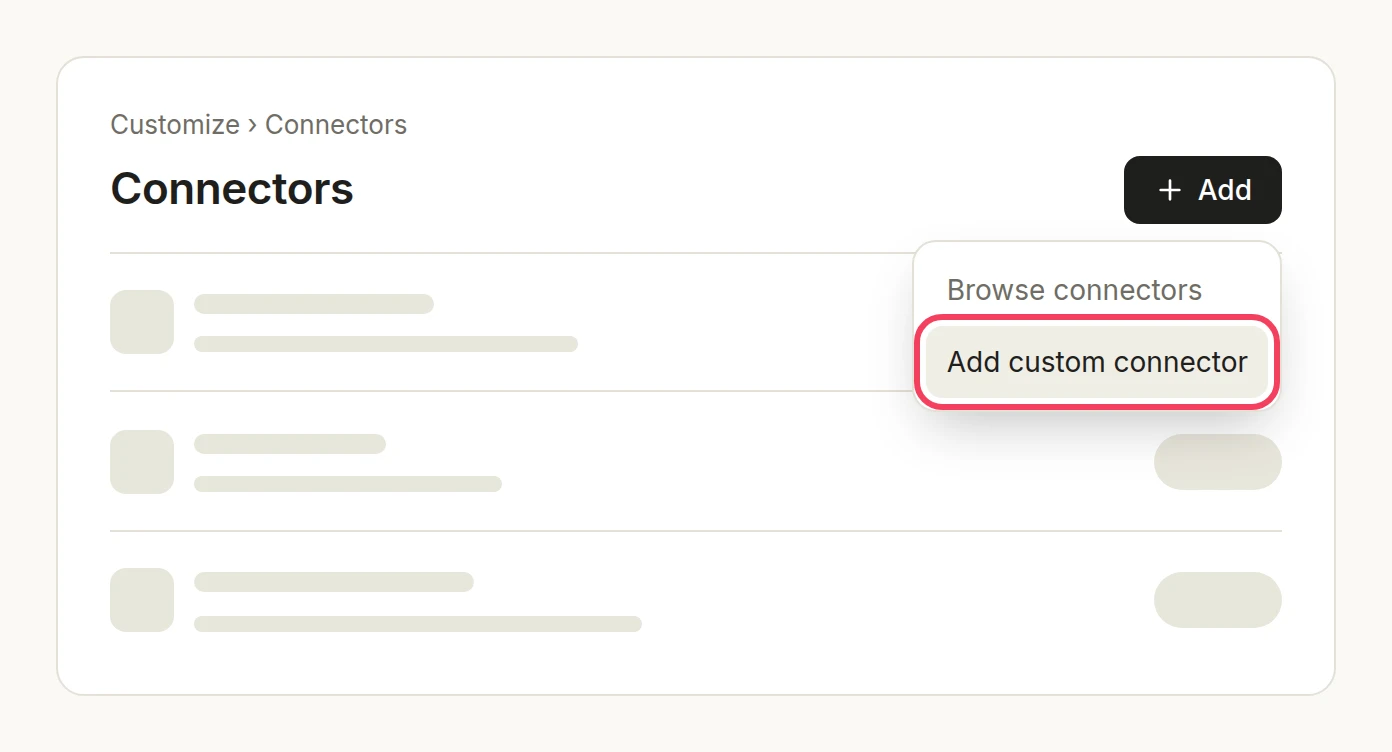 Ilustrasi: halaman Connectors dengan menu Add terbuka dan Add custom connector disorot