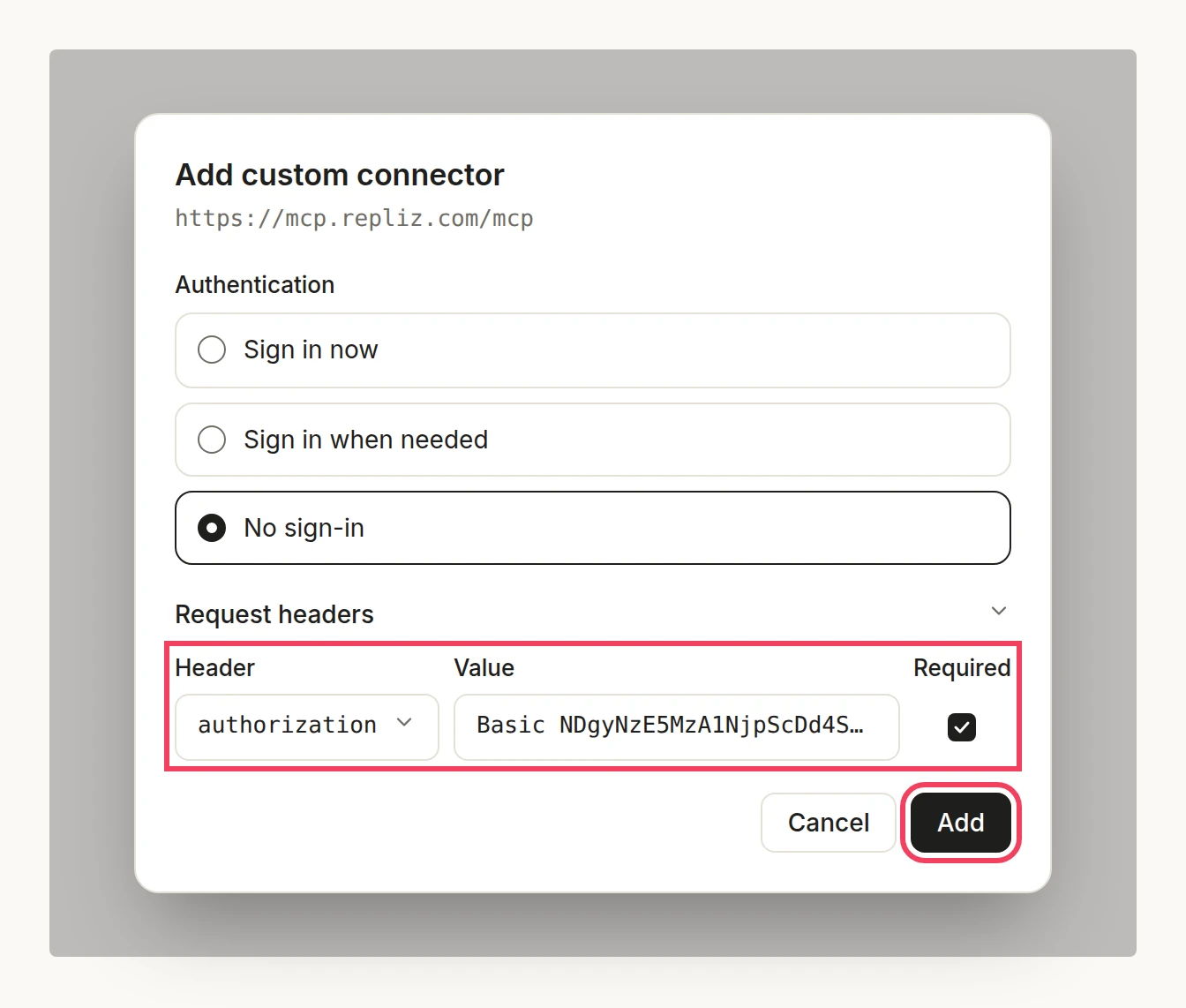Ilustrasi: request header authorization berisi nilai Basic dan Required tercentang, dengan tombol Add disorot