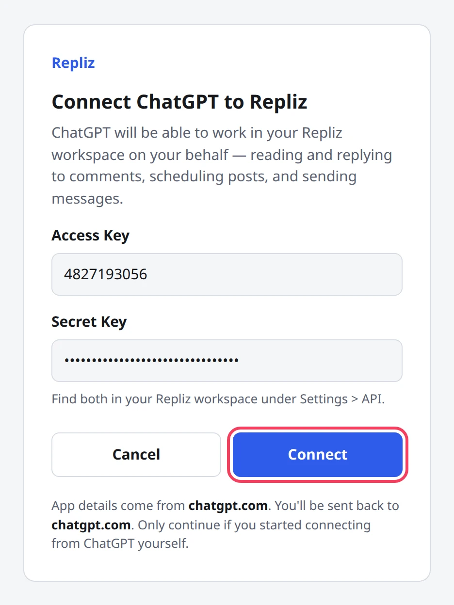 Halaman login Repliz untuk ChatGPT dengan kedua key terisi dan tombol Connect disorot